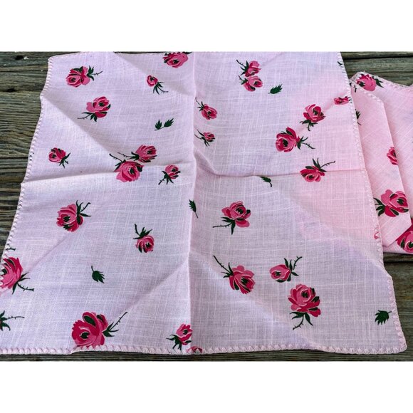 Vintage 1950s set of 4 Pink Linen Rose Print Napkins Unused - Picture 7 of 11